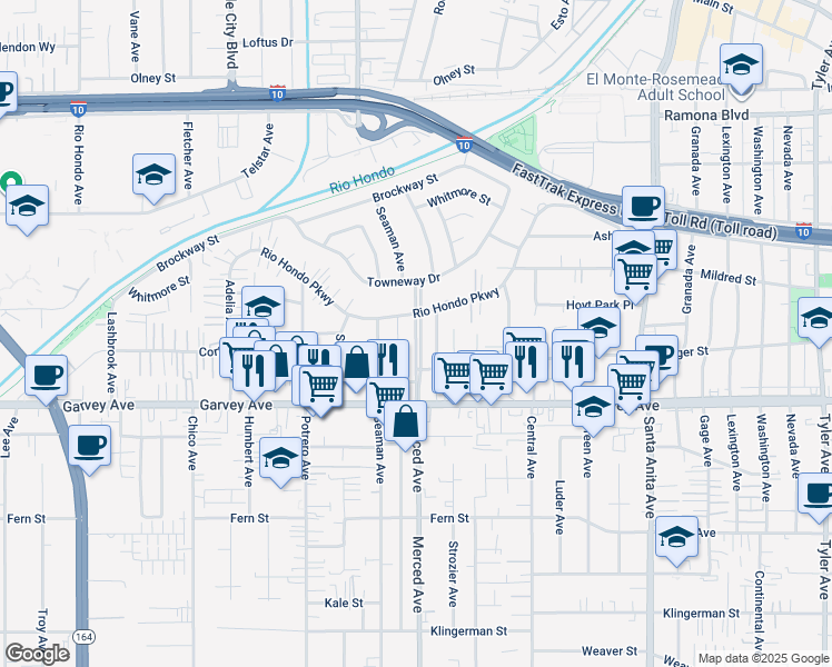 map of restaurants, bars, coffee shops, grocery stores, and more near 3137 Merced Avenue in South El Monte