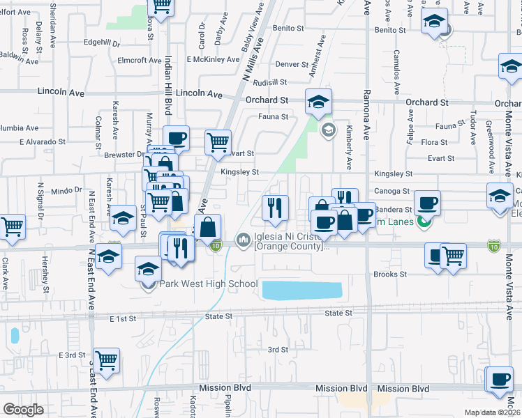 map of restaurants, bars, coffee shops, grocery stores, and more near 10401 Via Palma in Montclair