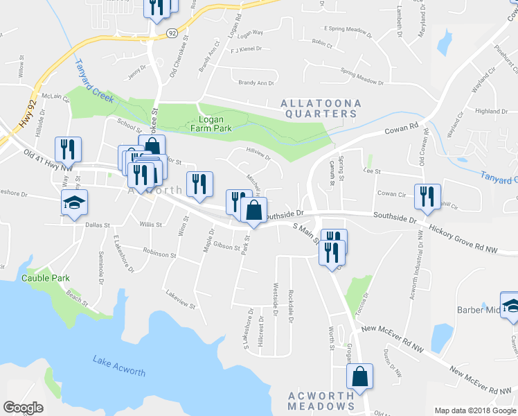 map of restaurants, bars, coffee shops, grocery stores, and more near 4223 Wexford Downs Way in Acworth