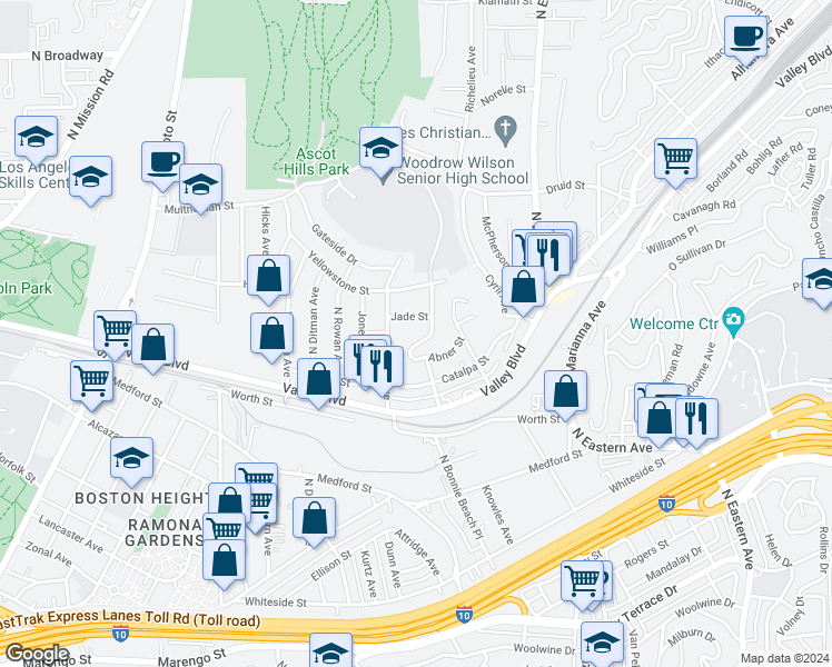 map of restaurants, bars, coffee shops, grocery stores, and more near 1949 Ronda Drive in Los Angeles