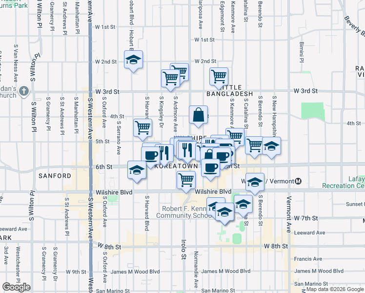 map of restaurants, bars, coffee shops, grocery stores, and more near 510 South Ardmore Avenue in Los Angeles