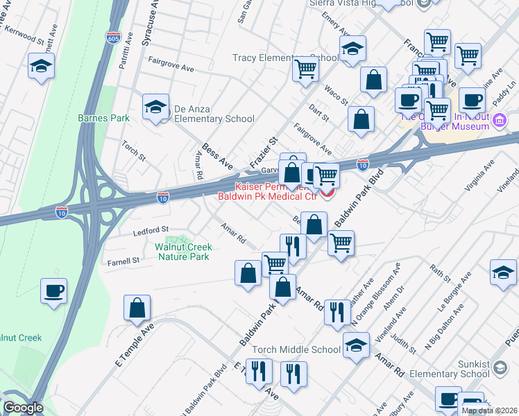 map of restaurants, bars, coffee shops, grocery stores, and more near 919 Leorita Street in Baldwin Park