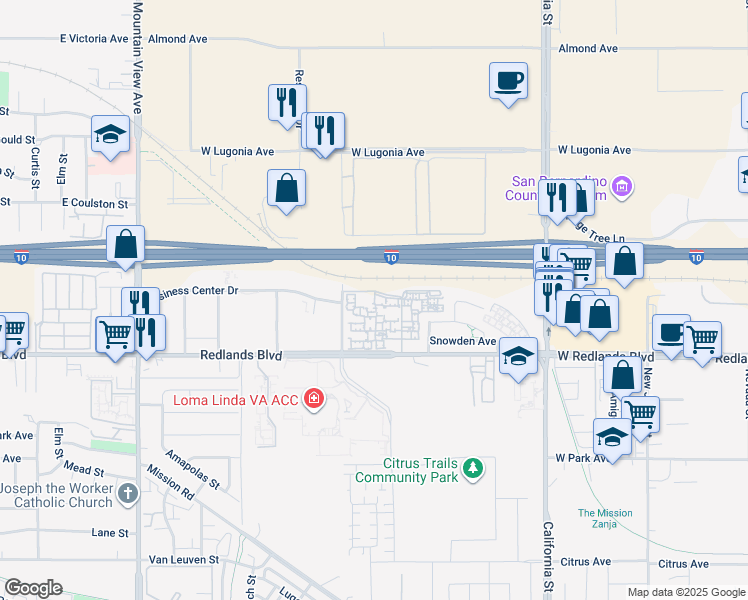 map of restaurants, bars, coffee shops, grocery stores, and more near 26200 Redlands Boulevard in Redlands