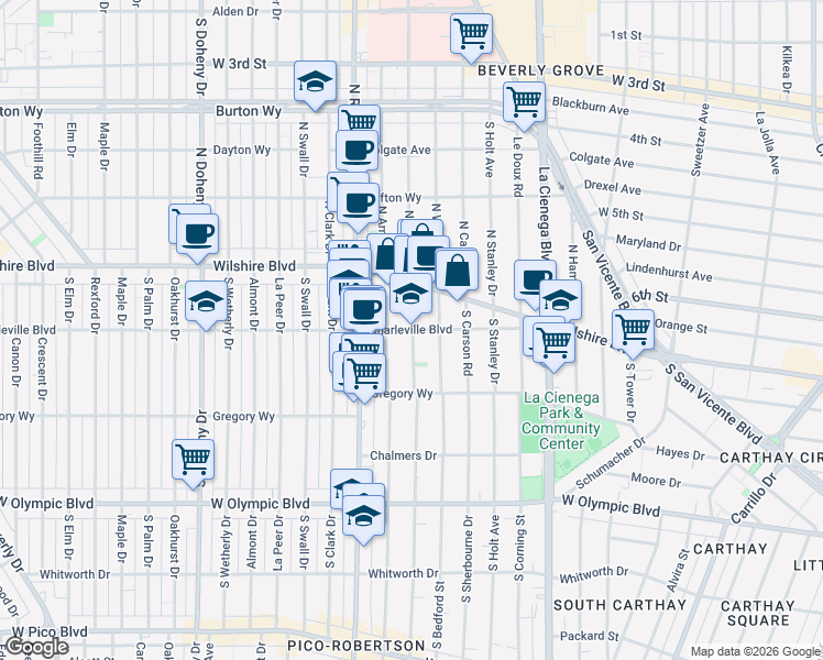 map of restaurants, bars, coffee shops, grocery stores, and more near 8710 Charleville Boulevard in Beverly Hills