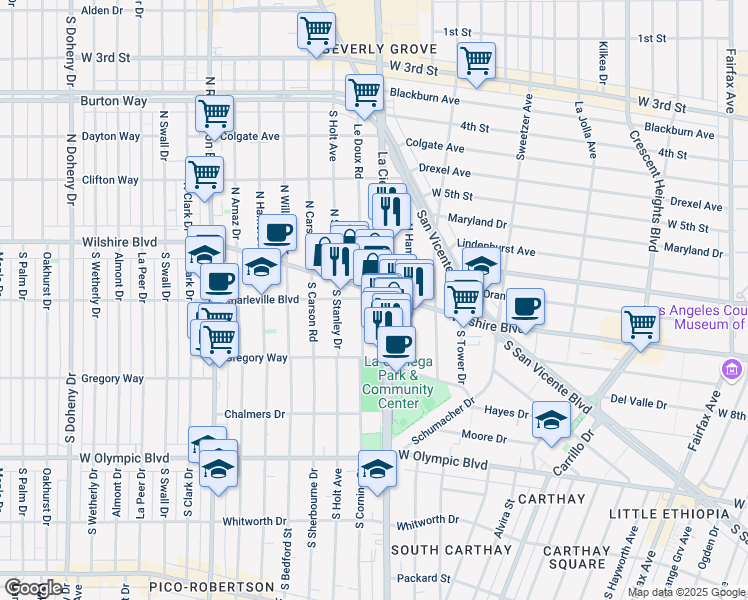 map of restaurants, bars, coffee shops, grocery stores, and more near 8500 Wilshire Boulevard in Beverly Hills