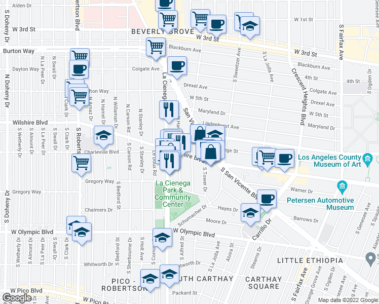 map of restaurants, bars, coffee shops, grocery stores, and more near 8401 North Gale Drive in Beverly Hills