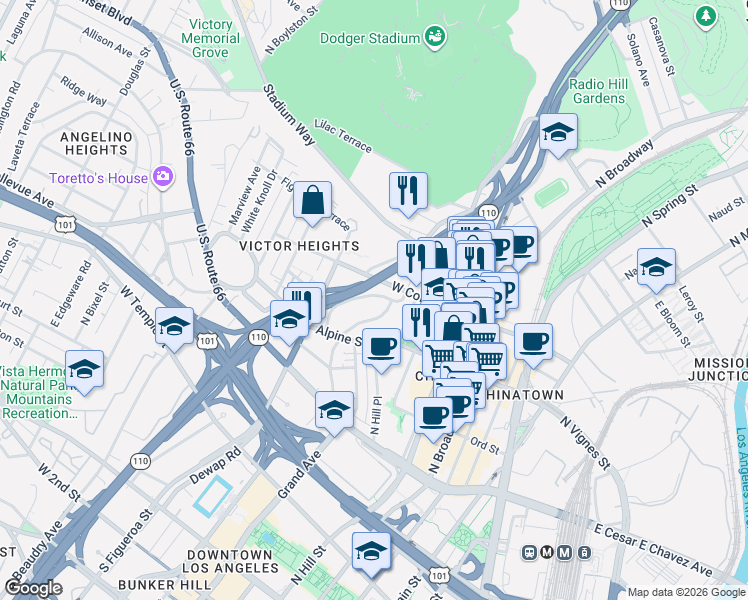 map of restaurants, bars, coffee shops, grocery stores, and more near 716 New Depot Street in Los Angeles