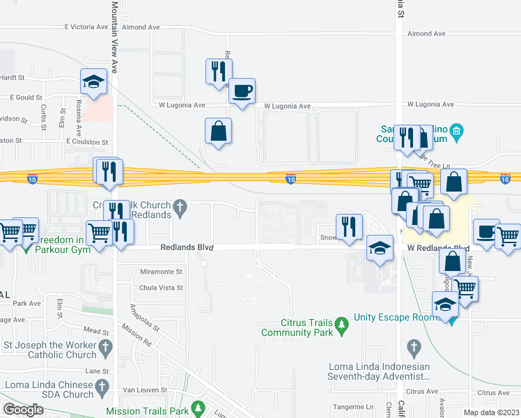 map of restaurants, bars, coffee shops, grocery stores, and more near 26200 Redlands Boulevard in Redlands