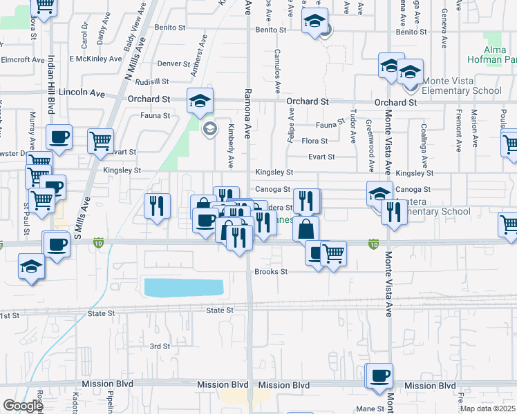 map of restaurants, bars, coffee shops, grocery stores, and more near 4524 Bandera Street in Montclair