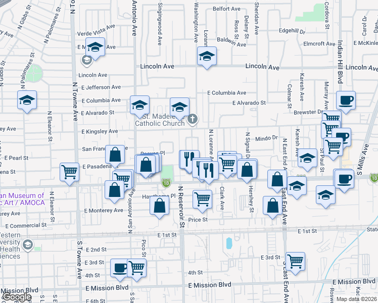 map of restaurants, bars, coffee shops, grocery stores, and more near 678 North Reservoir Street in Pomona