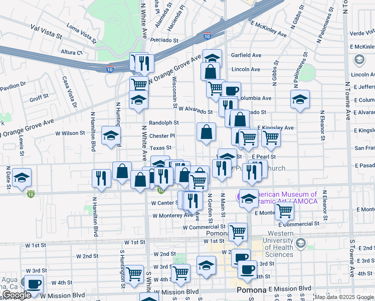 map of restaurants, bars, coffee shops, grocery stores, and more near 740 Wisconsin Street in Pomona