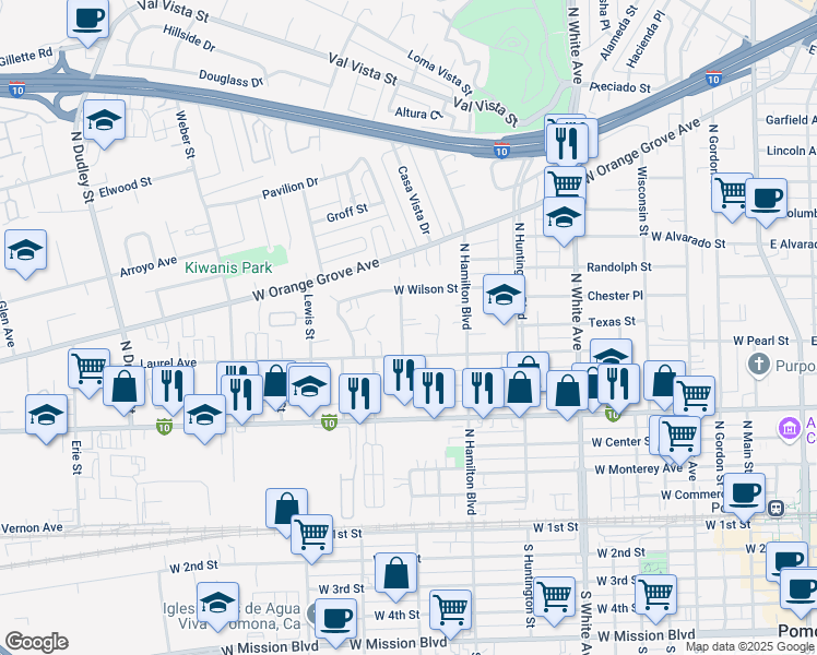 map of restaurants, bars, coffee shops, grocery stores, and more near 789 North Myrtle Avenue in Pomona