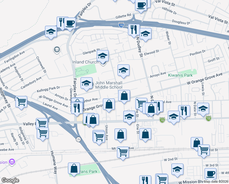 map of restaurants, bars, coffee shops, grocery stores, and more near 934 Glen Avenue in Pomona