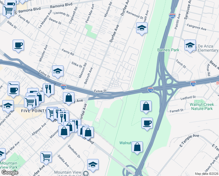 map of restaurants, bars, coffee shops, grocery stores, and more near 3485 Wildwood Street in El Monte