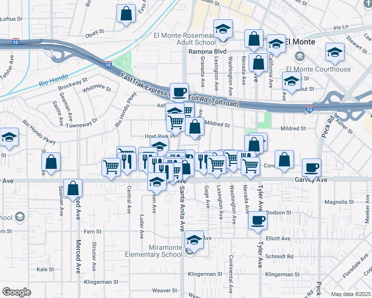 map of restaurants, bars, coffee shops, grocery stores, and more near 3126 Santa Anita Avenue in El Monte