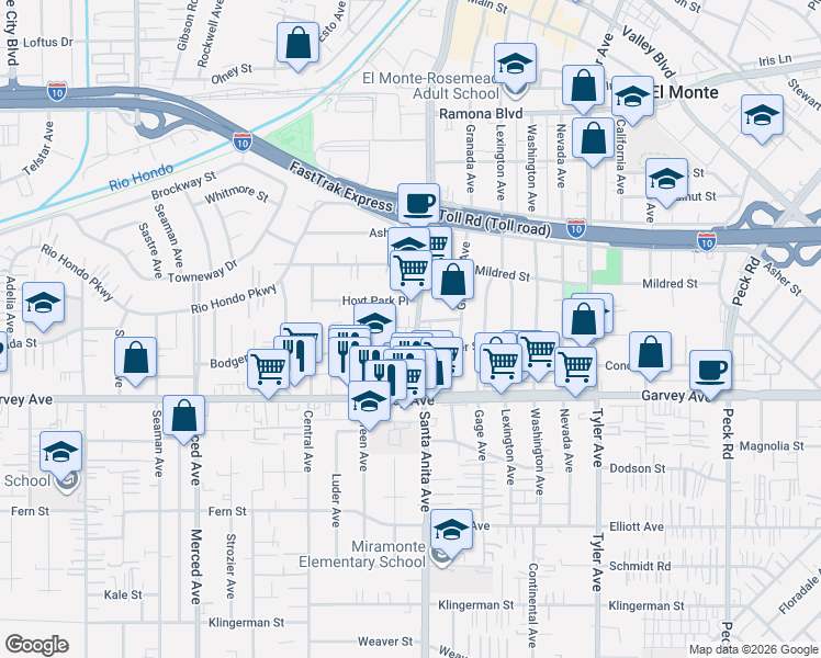 map of restaurants, bars, coffee shops, grocery stores, and more near 3126 Santa Anita Avenue in El Monte