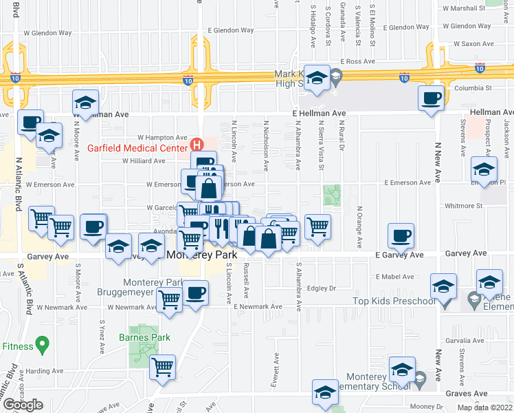 map of restaurants, bars, coffee shops, grocery stores, and more near 236 North Nicholson Avenue in Monterey Park