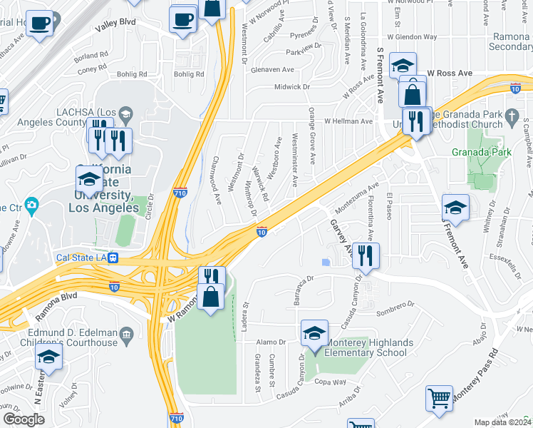 map of restaurants, bars, coffee shops, grocery stores, and more near 3025 West Ramona Road in Alhambra