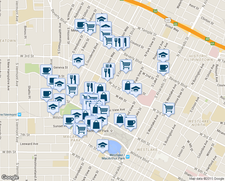 map of restaurants, bars, coffee shops, grocery stores, and more near 314 South Coronado Street in Los Angeles