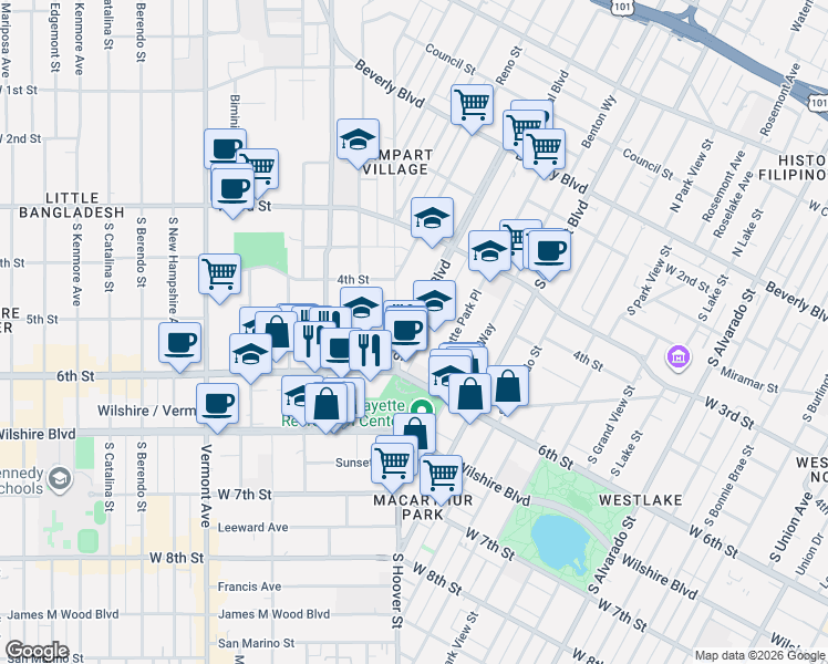 map of restaurants, bars, coffee shops, grocery stores, and more near 435 South Occidental Boulevard in Los Angeles
