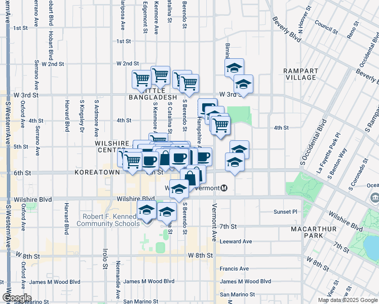 map of restaurants, bars, coffee shops, grocery stores, and more near 501 South Berendo Street in Los Angeles