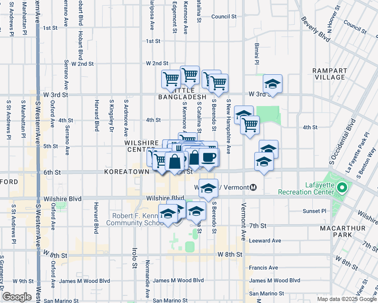map of restaurants, bars, coffee shops, grocery stores, and more near 510 South Kenmore Avenue in Los Angeles