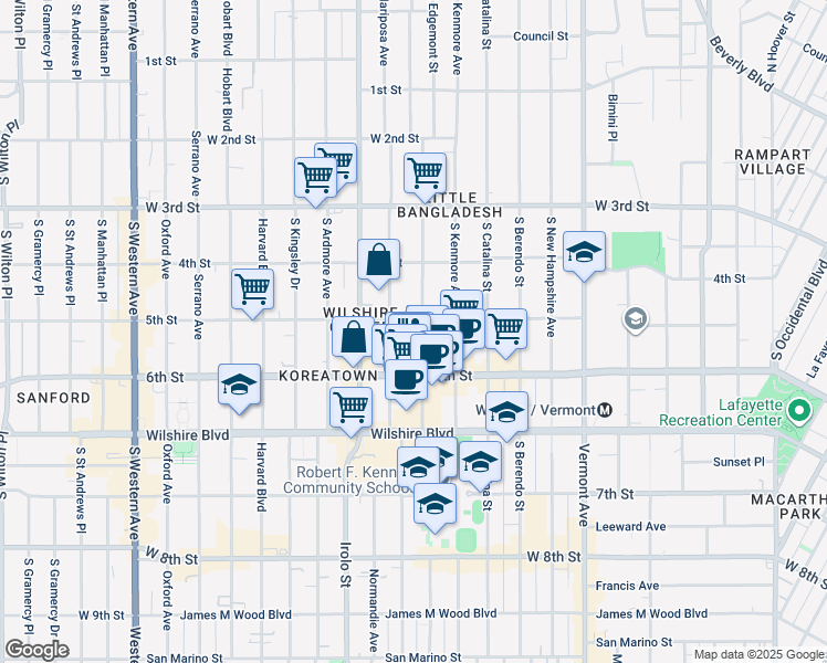 map of restaurants, bars, coffee shops, grocery stores, and more near 510 South Mariposa Avenue in Los Angeles