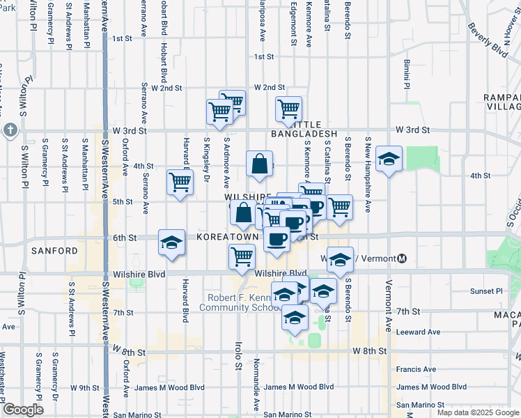 map of restaurants, bars, coffee shops, grocery stores, and more near 510 South Mariposa Avenue in Los Angeles