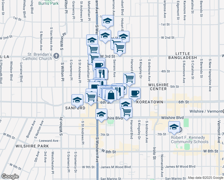 map of restaurants, bars, coffee shops, grocery stores, and more near 508 South Serrano Avenue in Los Angeles