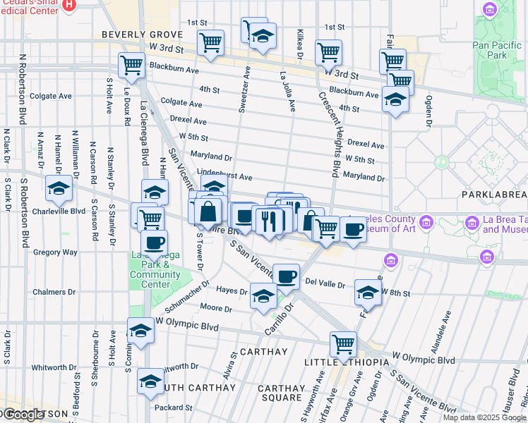map of restaurants, bars, coffee shops, grocery stores, and more near 6443 Orange Street in Los Angeles