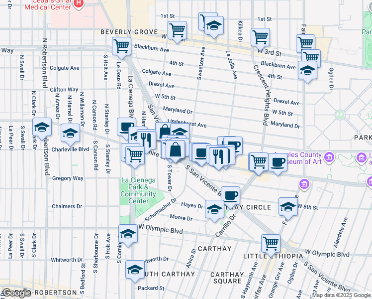 map of restaurants, bars, coffee shops, grocery stores, and more near 6526 Orange Street in Los Angeles