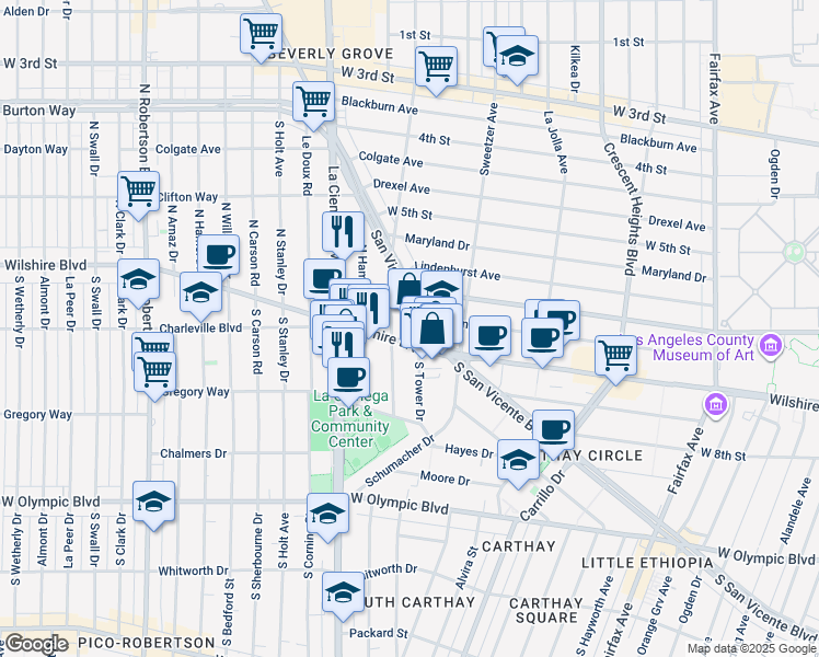 map of restaurants, bars, coffee shops, grocery stores, and more near 100-112 North Gale Drive in Beverly Hills