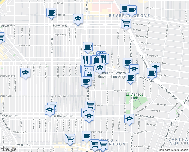 map of restaurants, bars, coffee shops, grocery stores, and more near 8742 Charleville Boulevard in Beverly Hills