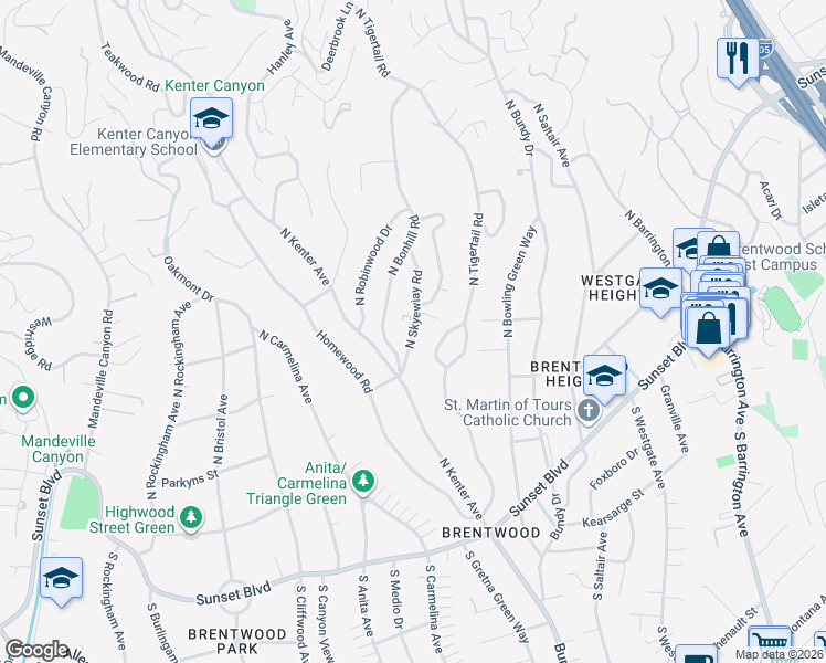 map of restaurants, bars, coffee shops, grocery stores, and more near 360 North Bonhill Road in Los Angeles