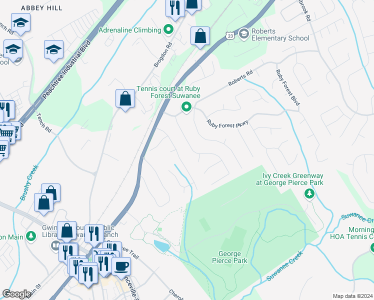 map of restaurants, bars, coffee shops, grocery stores, and more near 4090 Cherry Ridge Walk in Suwanee