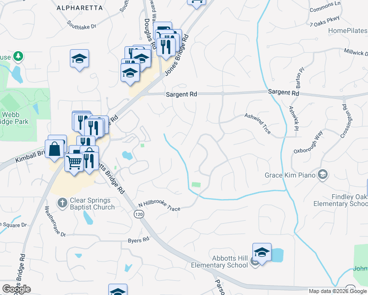 map of restaurants, bars, coffee shops, grocery stores, and more near 11675 Red Maple Forest Drive in Alpharetta