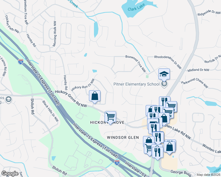 map of restaurants, bars, coffee shops, grocery stores, and more near 4519 High Grove Court Northwest in Acworth