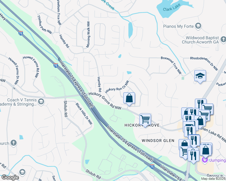 map of restaurants, bars, coffee shops, grocery stores, and more near 4586 Hickory Run Court Northwest in Acworth