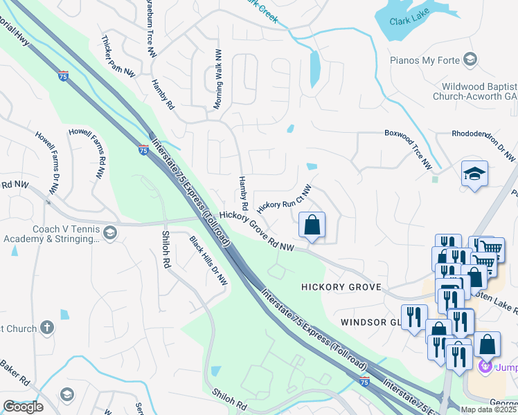 map of restaurants, bars, coffee shops, grocery stores, and more near 4581 Hickory Run Court Northwest in Acworth
