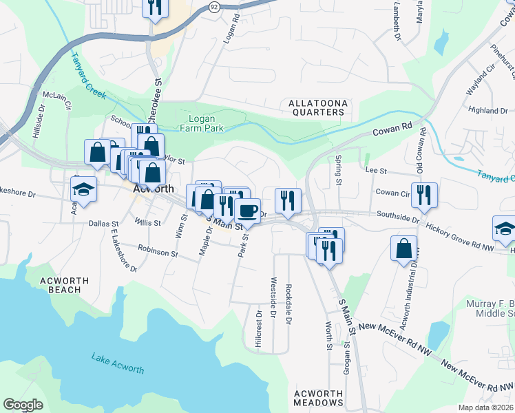 map of restaurants, bars, coffee shops, grocery stores, and more near 4223 Wexford Downs Way in Acworth