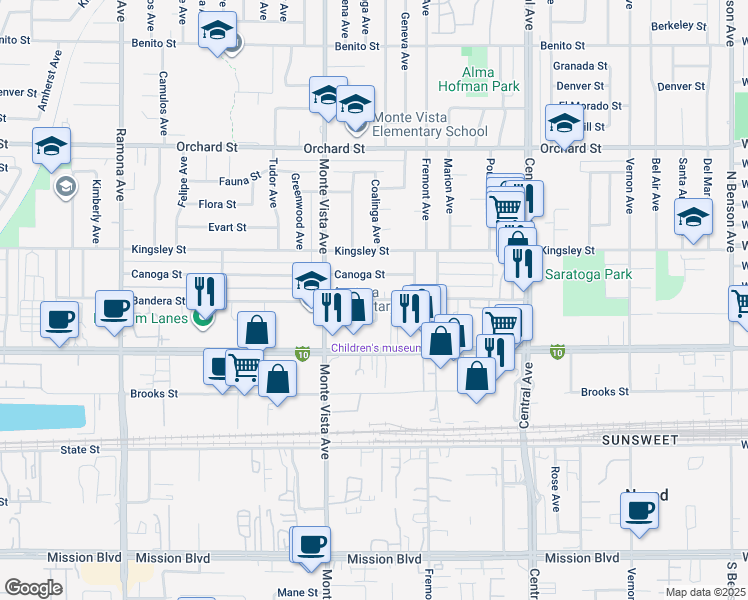 map of restaurants, bars, coffee shops, grocery stores, and more near Bandera Street in Montclair