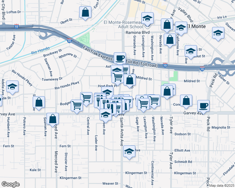 map of restaurants, bars, coffee shops, grocery stores, and more near in El Monte