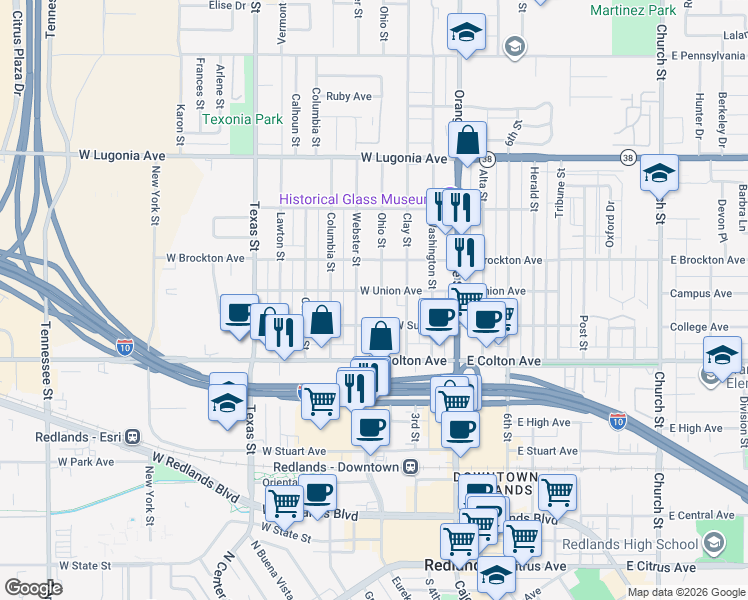 map of restaurants, bars, coffee shops, grocery stores, and more near 931 Ohio Street in Redlands