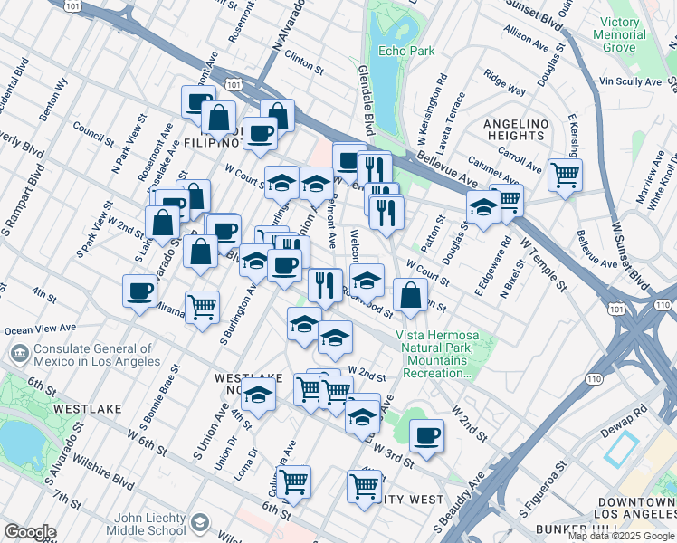 map of restaurants, bars, coffee shops, grocery stores, and more near 218 Belmont Avenue in Los Angeles
