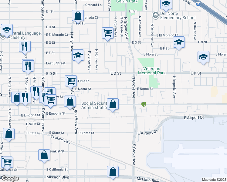 map of restaurants, bars, coffee shops, grocery stores, and more near 1110 East Nocta Street in Ontario