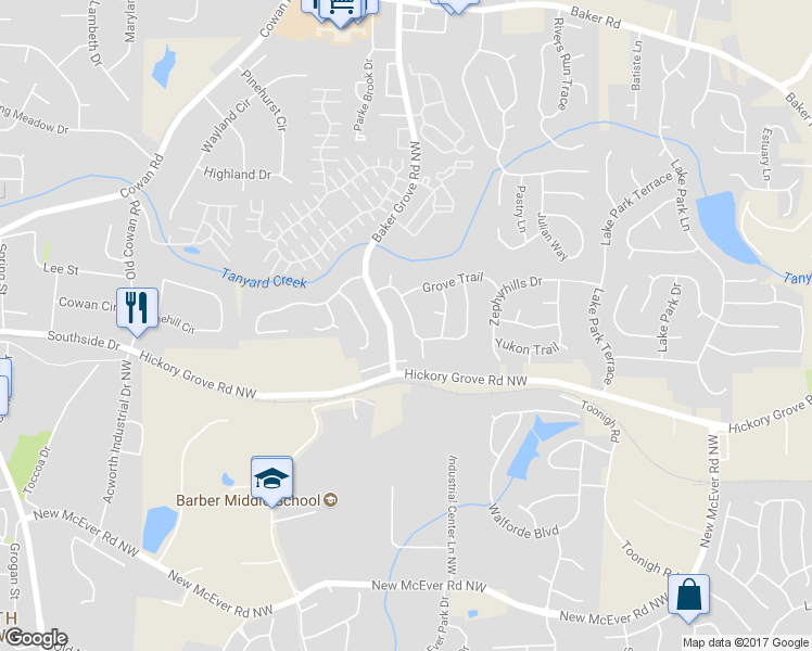 map of restaurants, bars, coffee shops, grocery stores, and more near 4451 Grove Drive in Acworth