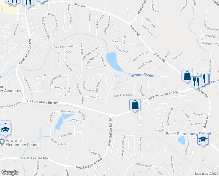 map of restaurants, bars, coffee shops, grocery stores, and more near 2729 Lake Park Ridge West in Acworth