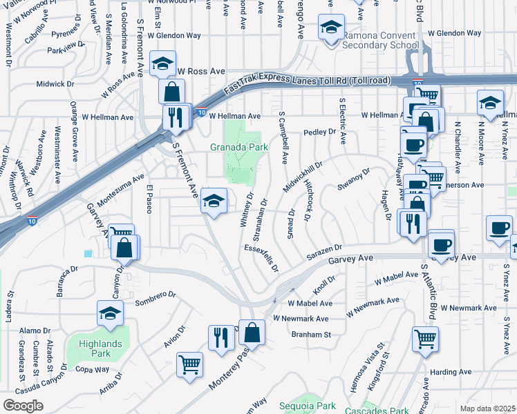 map of restaurants, bars, coffee shops, grocery stores, and more near 2421 Stranahan Drive in Alhambra