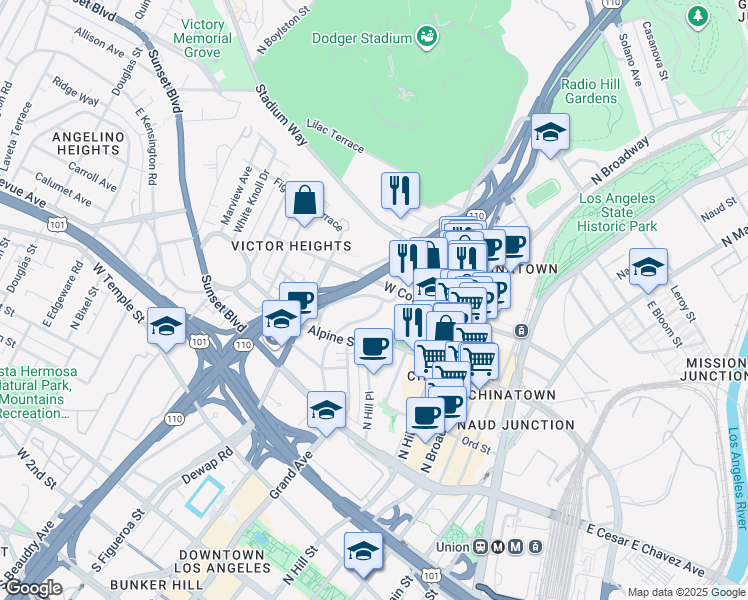 map of restaurants, bars, coffee shops, grocery stores, and more near 708 New Depot Street in Los Angeles