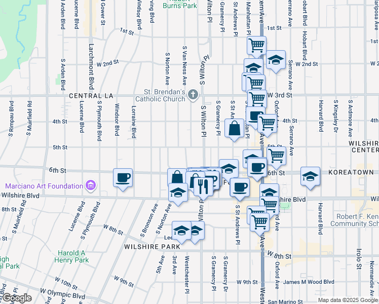 map of restaurants, bars, coffee shops, grocery stores, and more near 508 South Van Ness Avenue in Los Angeles